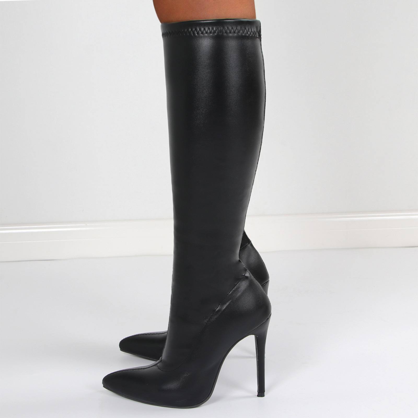 【Pre-sale | Ships In 15 Days】high Elastic Leather Boots With Pointed Side Zipper Suede Stiletto Mid-calf Boots Plus Size 43_voghion.com