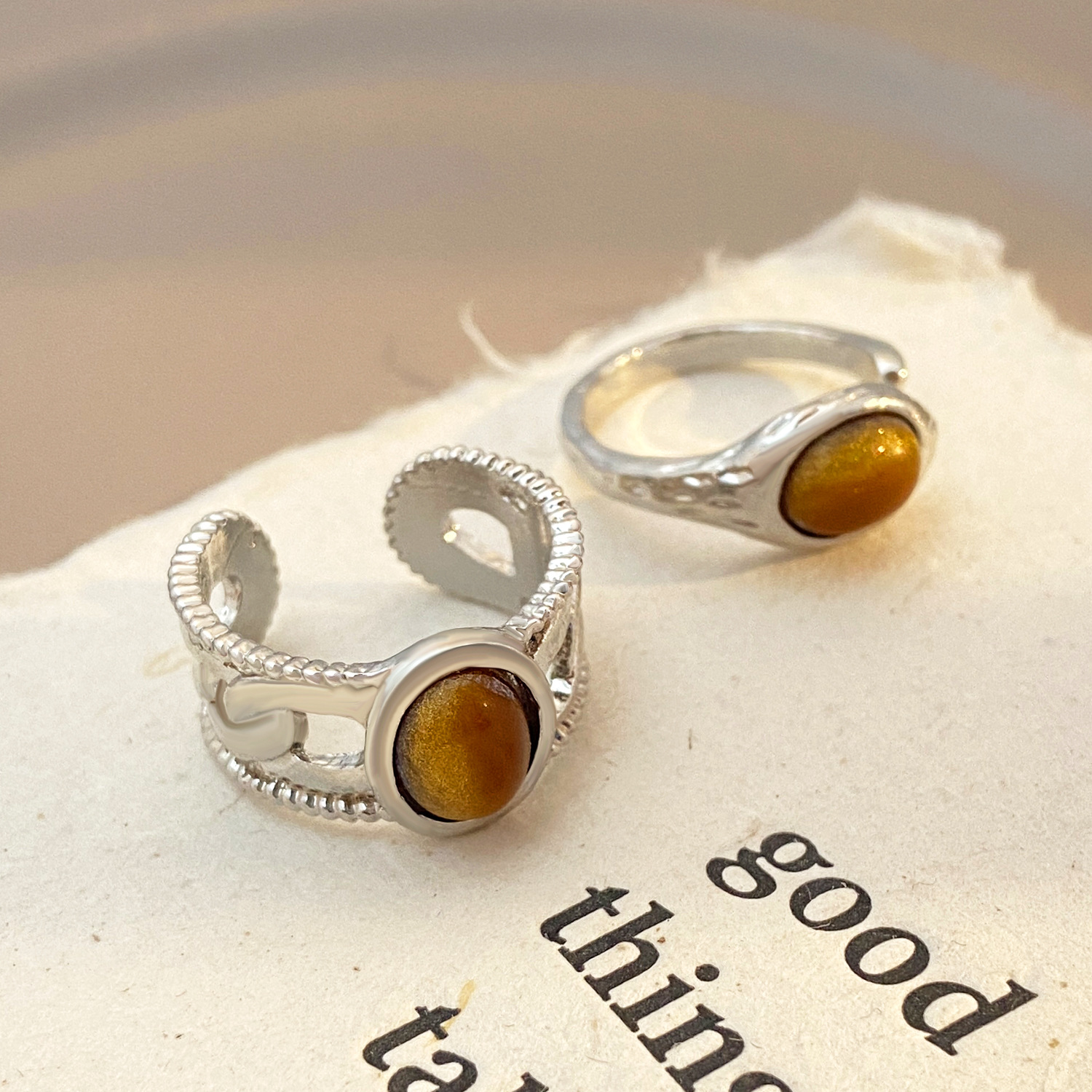 Melard Tigerauge-Ring für Damen, offener Ring, Niche Design Sense, massiver, ovaler Ring für den Zeigefinger_voghion.com