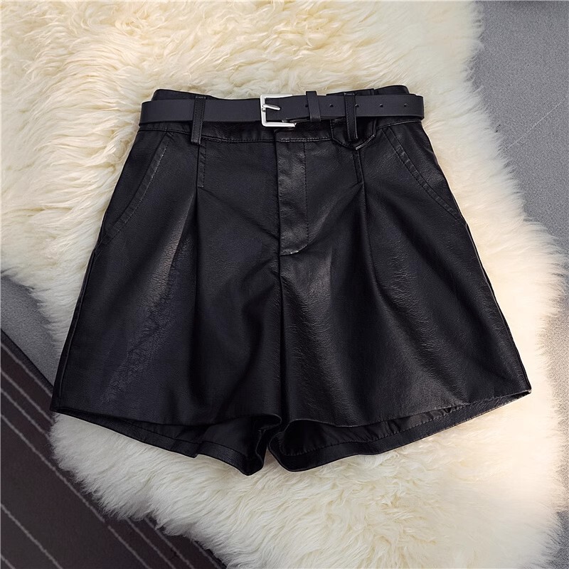Pu Leather Shorts for Petite Women, Korean Autumn and Winter Versatile High-Waisted Slimming A-Line Wide-Leg Pants, Loose Outerwear Boot Shorts Pu Leather Shorts for Petite Women, Korean Autumn and Winter Versatile High-Waisted Slimming A-Line Wide-Leg Pants, Loose Outerwear Boot Shorts