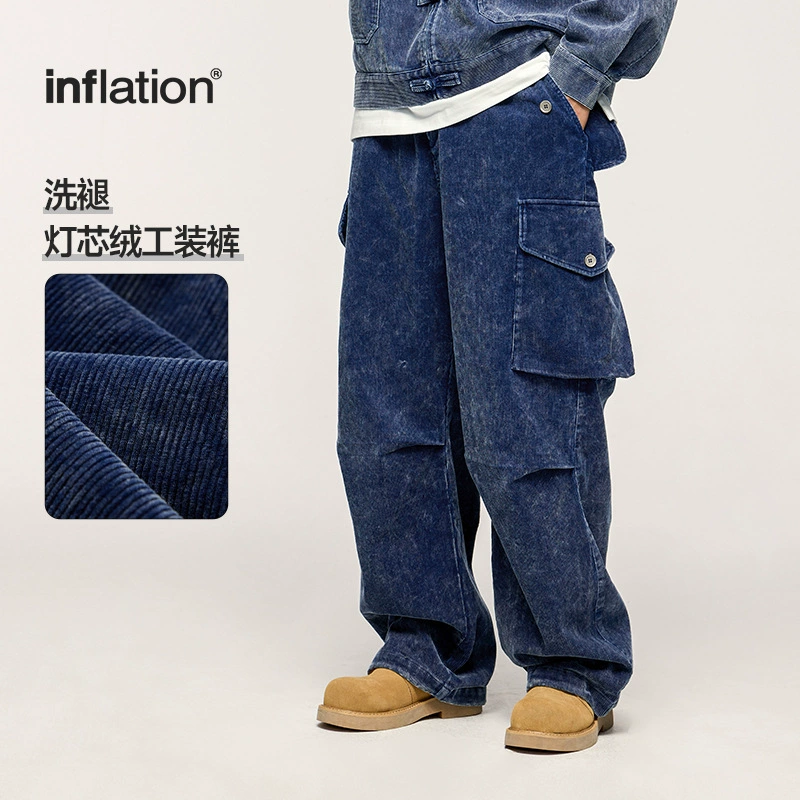 INF Мужская одежда | Стираные и выцветшие вельветовые брюки-карго 2024, осень и зима, новые потертые брюки с несколькими клапанами и карманами для тяжелой промышленности, повседневные брюки для мужчин