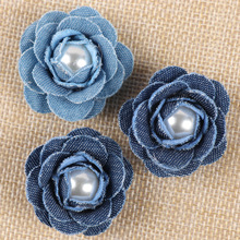 新款3.5cm牛仔山茶花diy手工发夹胸针鞋花服饰配件布艺批发配件