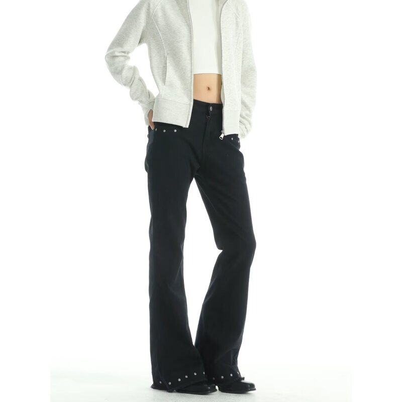 Vintage Rivet Flared Jeans Unisex Niche American Clean Fit Design Casual Slimming Flared Pants
