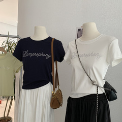 Omalai 英字ホットダイヤモンドラウンドネックスリムフィット半袖 Tシャツ夏韓国スタイル多用途トップ女性用 3824