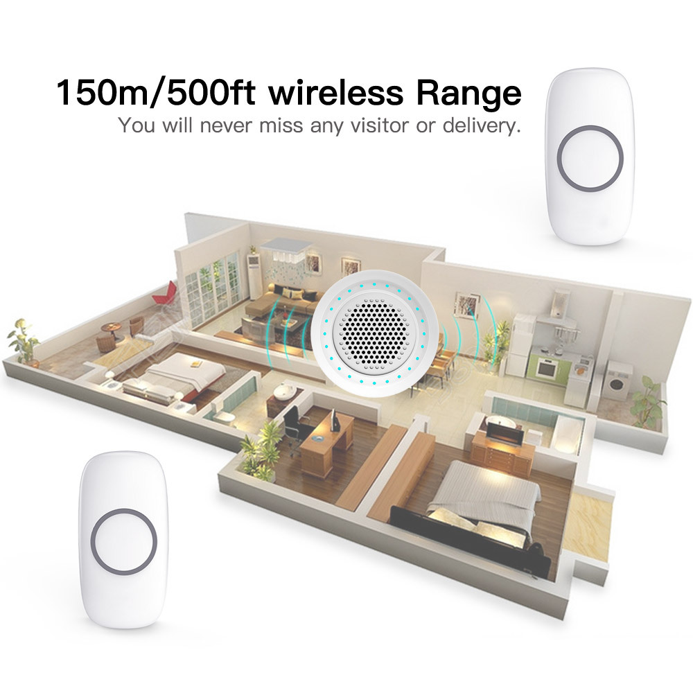 Smart Wireless Doorbell Long Range Waterproof Remote System 1 To 2_voghion.com