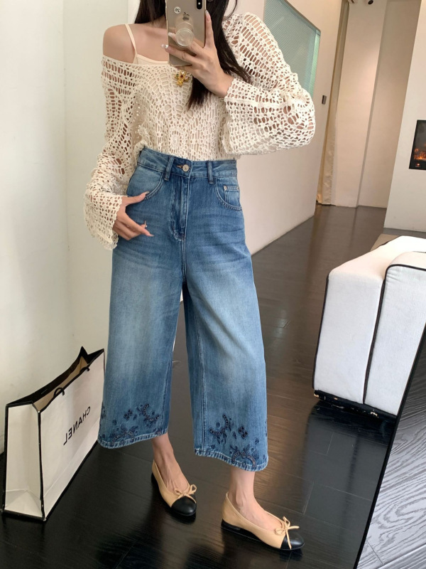 女性用刺繍入り8点ジーンズ、薄手、2025年夏の新しいスタイル、ハイウエスト、ルーズ、ストレート、小柄な人向けのワイドレッグパンツ|undefined