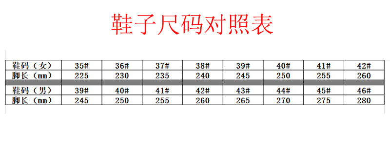 鞋子尺码表