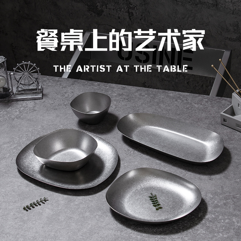 304 stainless steel retro style irregular plate art decoration plate cooking plate hot pot barbecue shop