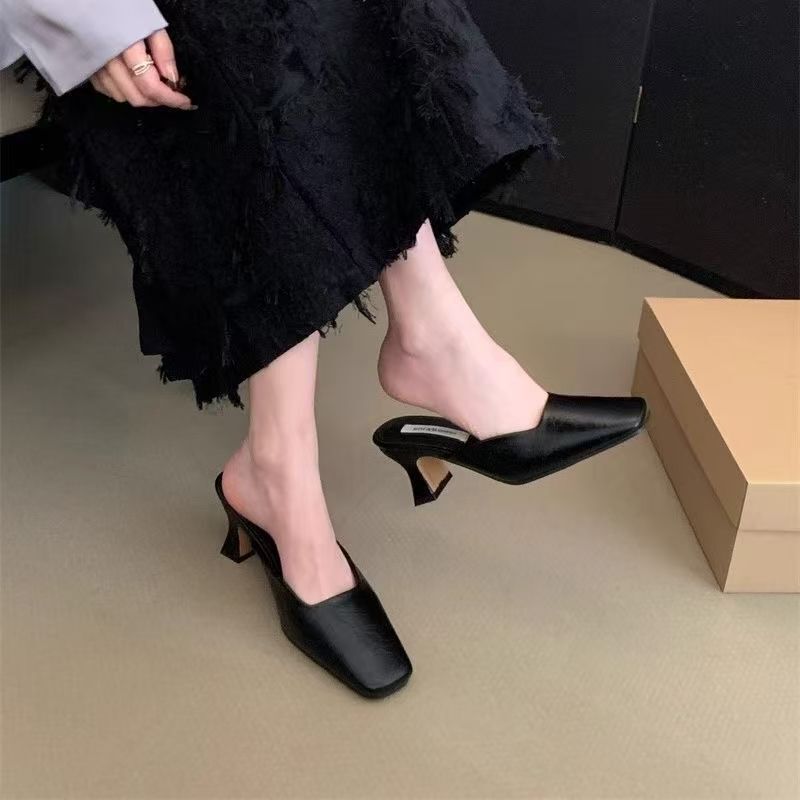 High-Heeled Mules, French Style Square Toe Women's Outer Wear 2025 Spring and Summer New Style Baotou Half Slippers High-Heeled Mules, French Style Square Toe Women's Outer Wear 2025 Spring and Summer New Style Baotou Half Slippers