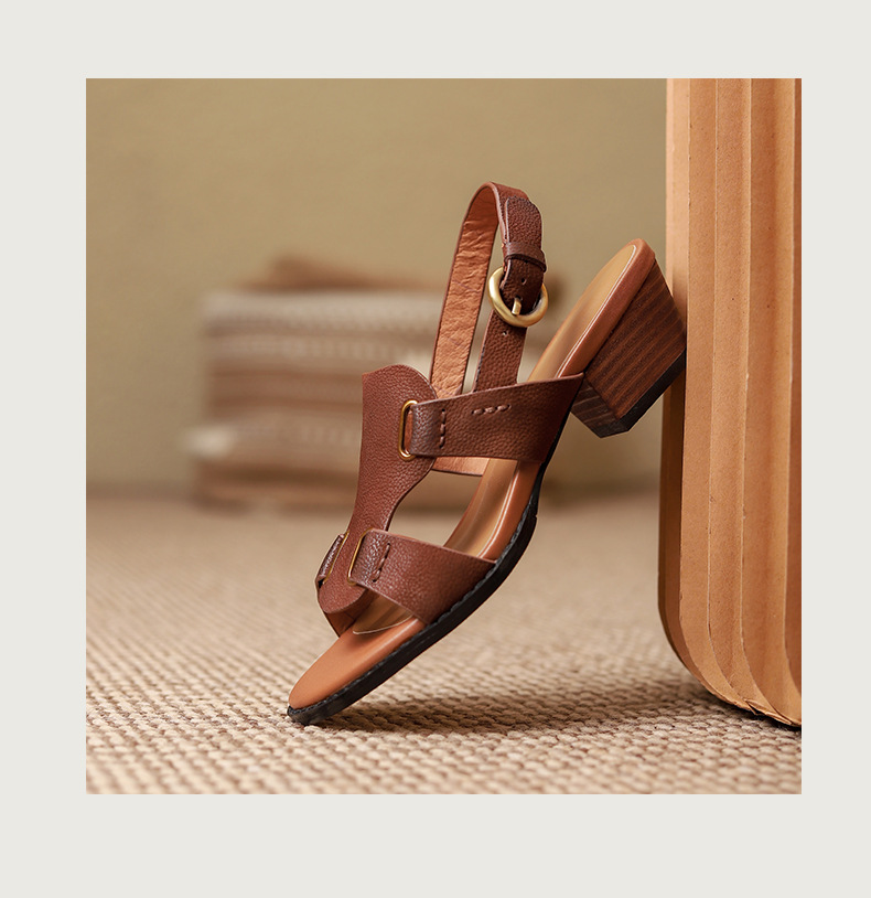 Sandal La Mã cổ điển hở mũi quai khóa gót dày nữ — Màu nâu chi tiết 10