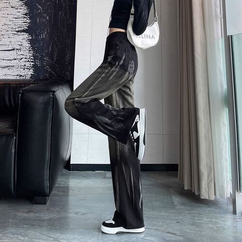American tie-dye straight-leg jeans for women, spring and summer clothing, 2025, slimming high-waisted loose drop-crotch wide-leg pants