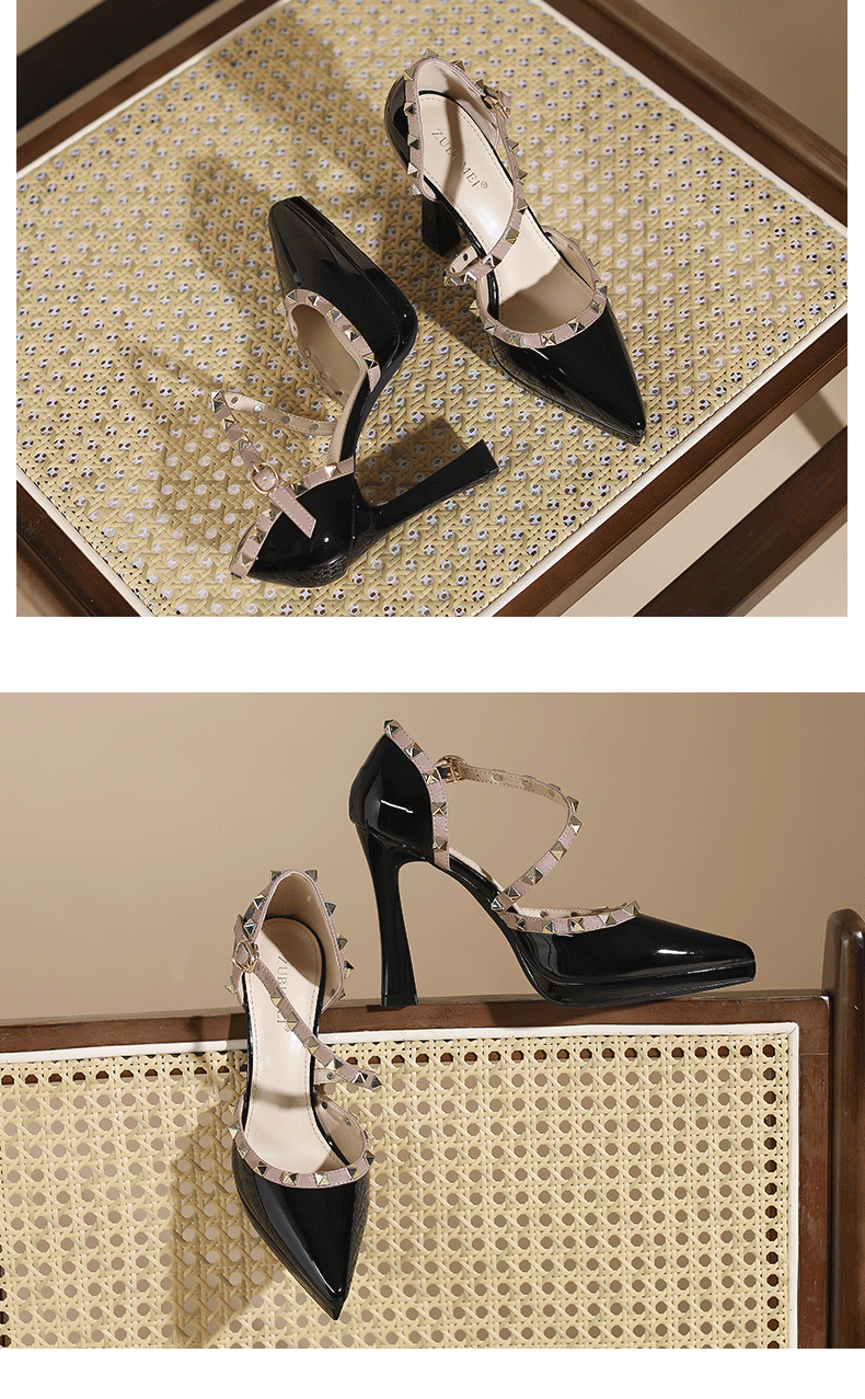 Sandal cao gót nữ đinh tán mũi nhọn gót 9 cm — Màu đen chi tiết 9