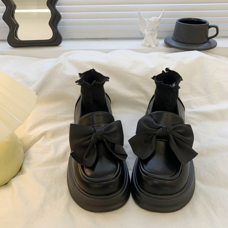Black retro fashionable Mary Jane shoes English style with bow…