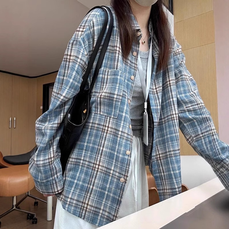 Korean Contrasting Plaid Long-Sleeved Shirt Spring & Fall New Retro Loose Lazy Style Top Cardigan Jacket Casual Trend