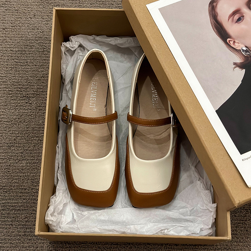 Retro autumn Mary Jane shoes square toe low-cut flat