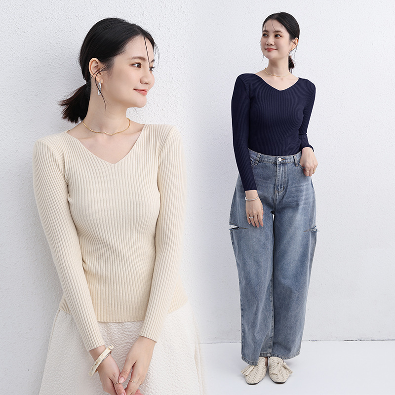 Suéter de las mujeres Otoño e Invierno japonés SLIM-Fit multicolor sin costuras suéter con cuello en V estilo occidental ropa interior de manga larga Top apretado Letian