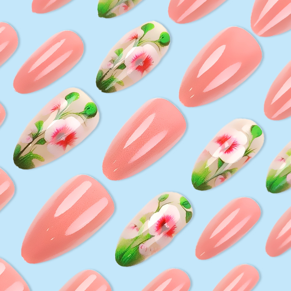 Uñas postizas florales dulces y frescas, pegatinas de uñas postizas con diseño de plantas verdes, uñas postizas de moda transfronteriza. image 4
