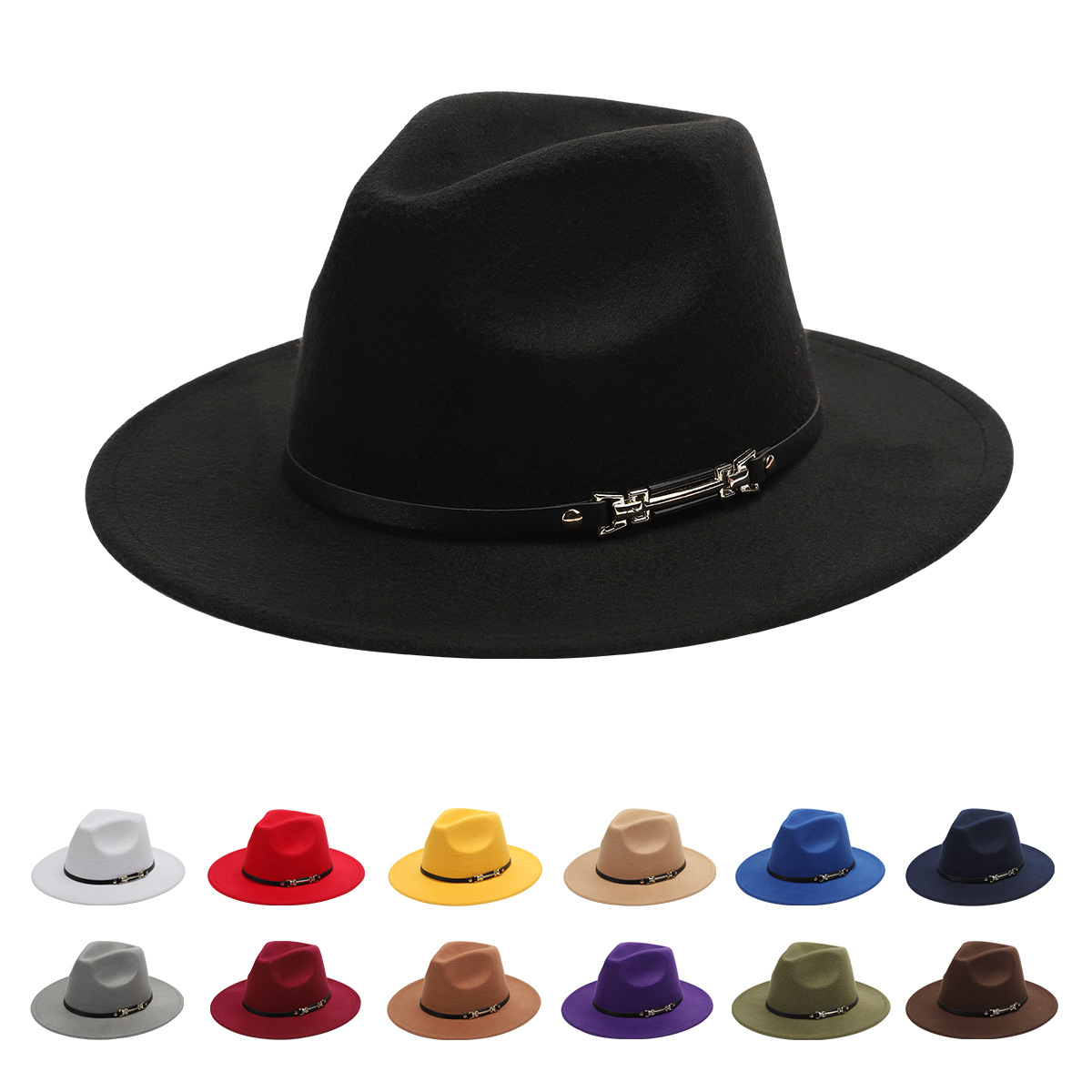 Black European and American Style Belt Color-Blocked Flat-Brimmed Wool Felt Hat, British Retro Style Jazz Felt Hat for Women and Men