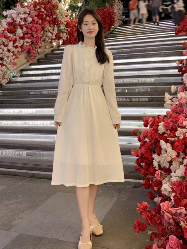 法式茶歇蕾丝连衣裙女秋装2025年新款木耳边立领长裙甜美减龄裙子|undefined