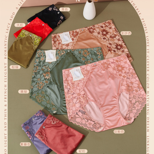 Kuaishou live broadcast hot sale women's satin lace high-waisted underwear buttocks and belly-controlling briefs large size