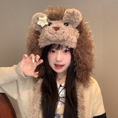 可爱小狮子毛绒帽子女冬季百搭大头围加厚保暖护耳雷锋帽2025新款