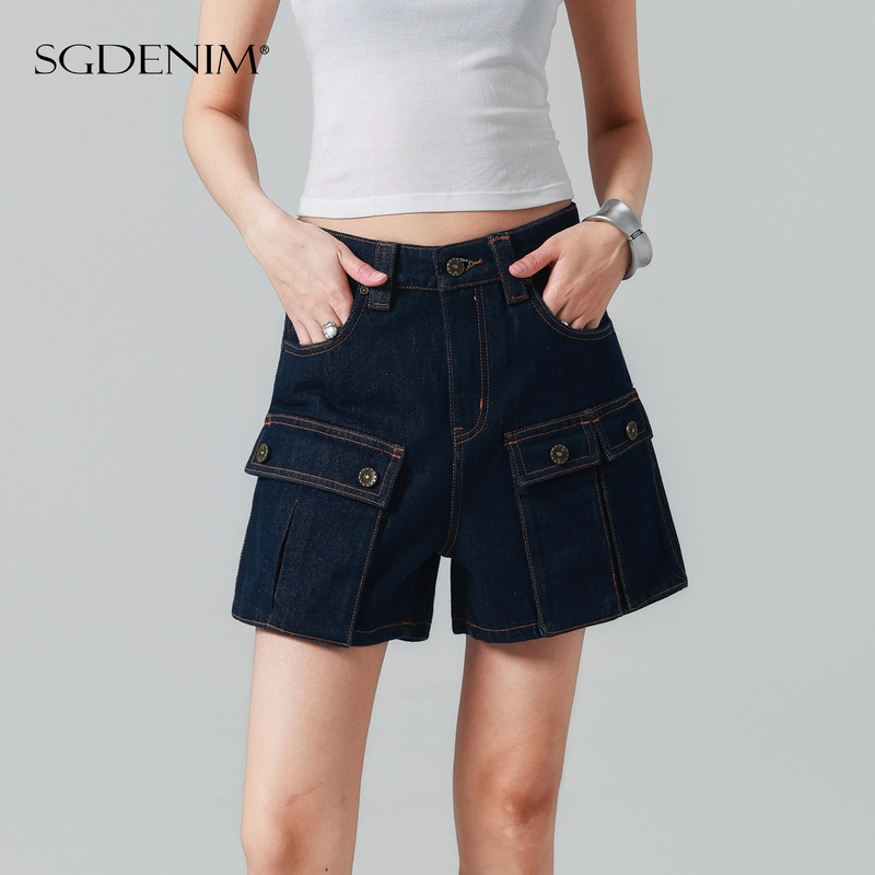 Denim Workwear/American Style High-Waisted Denim Shorts for Women, Three-Quarter Length, Multi-Pocket A-Line Casual Pants, Size 26, New Summer Fashion