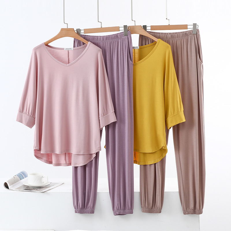 Summer Thin Modal Half-Sleeve V-Neck T-Shirt Casual Pants Women's Outer-Wearing Home Clothes Loose Slimming Two-Piece Set