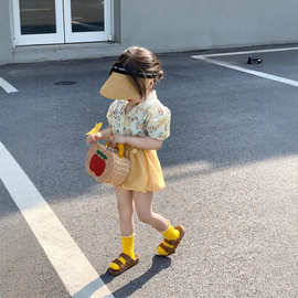 2025夏季新款 韩版童装 女童复古小碎花套装翻领衬衫灯笼裤两件套
