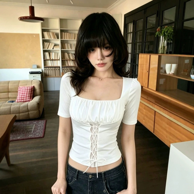 【260g Rayon Modal】White Lace-Up Hollow Sleeve T-Shirt for Women, Summer Slim-Fit Slimming Hot Girl Top 【260g Rayon Modal】White Lace-Up Hollow Sleeve T-Shirt for Women, Summer Slim-Fit Slimming Hot Girl Top