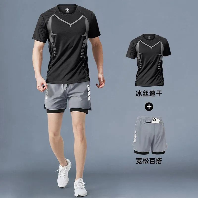 夏季运动套装男可放手机速干短袖短裤跑步健身篮球训练服套装|undefined