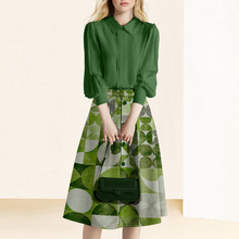 绿色衬衫印花A字半裙休闲套装女2023新款时尚两件套夏季一件代发