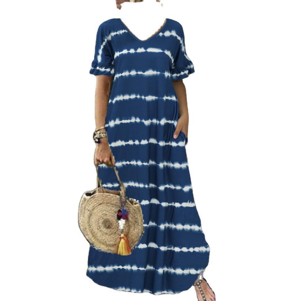 Summer European and American New Dress Wish Cross-Border V Neck Lotus Leaf Sleeve Stripesd Printed Long Skirt Large Size Casual Skirt
