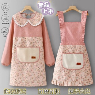 Hand-Wipeable Apron for Kitchen Ladies New Wear-Resistant and Stain-Resistant Long-Sleeved Smock for Home Cooking Outer Wear Apron Overalls