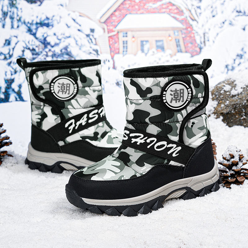 Cross-Border Children's Snow Boots 2025 New Model with Iron Claws, Non-Slip, Warm, Thickened Cotton, Camouflage Waterproof Boots