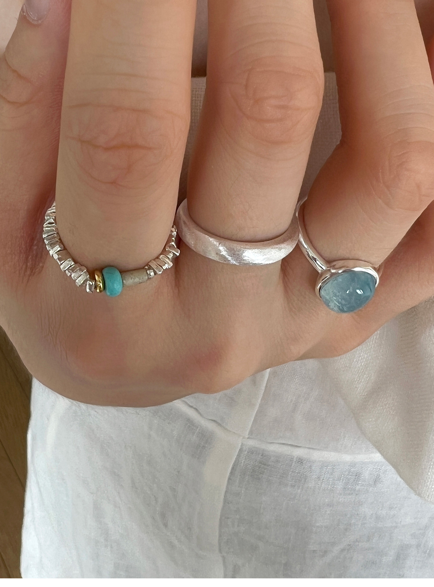 Aquamarine Gemstone And Brushed Silver Ring Set For Women_voghion.com
