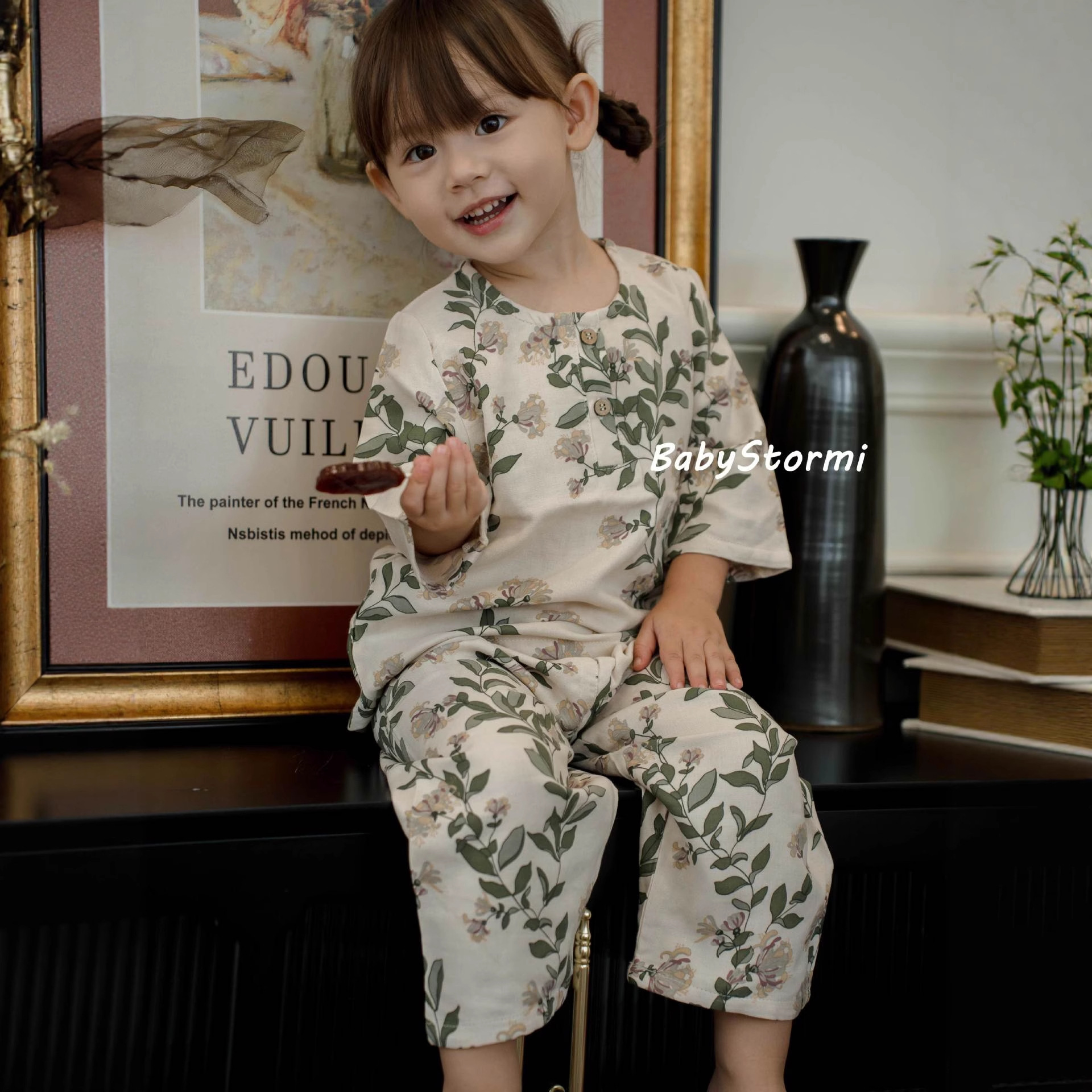 BabyStormi Bamboo Fiber Three-Quarter Sleeve Homewear Set for Children, Spring/Summer Thin Air Conditioning Clothing for Babies Pajamas