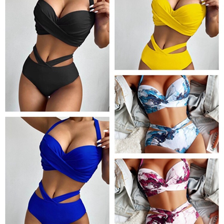 Cross-Border 2025 European and American New Bikini Split Swimsuit Underwire Fashion Sexy Printed High Waist Bikini Swimsuit