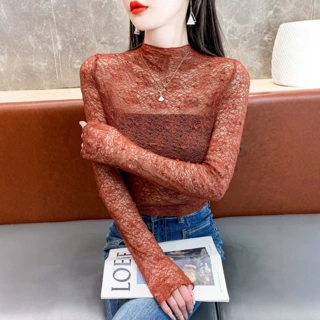 单层半高领蕾丝衫 长袖修身透视木耳边气质内搭上衣女士高级感