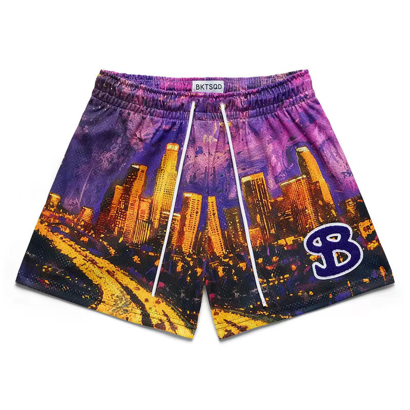 American Tide Brand BKTSQD Basketball Sports Shorts Neon City Men's Casual Running But Knee Four-point Pants