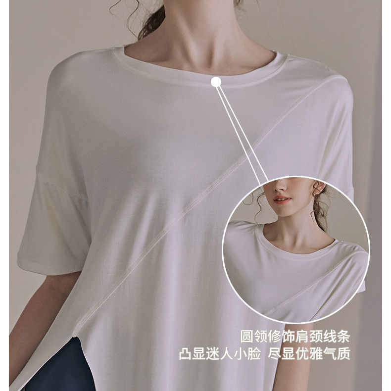 新しいモーダルヨガウェア半袖ルーズスリムロングスポーツTシャツ通気性ランニングフィットネスウェア女性のトップス|undefined