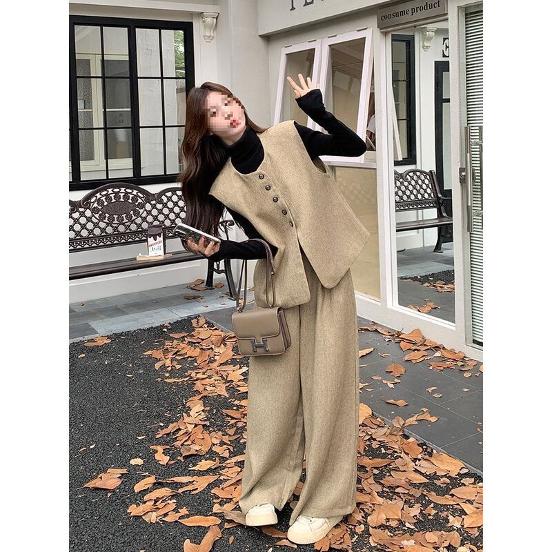 卡其色小香风马甲套装女秋季2025新款韩系气质感阔腿裤两件套|undefined