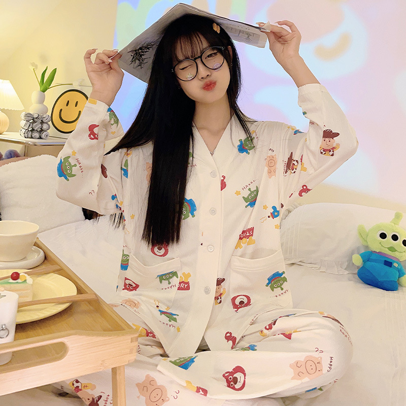 Sweet Girl pijamas mujeres de punto algodón ruffle Otoño Invierno manga larga pantalones y cuello cardigan inicio desgaste traje casual