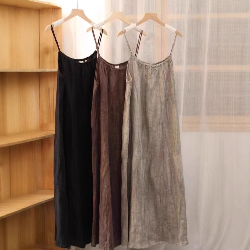 Linen Tie-Dye Suspender Dress for Women Summer New Style Literary Retro Old-Fashioned Versatile Loose Suspender Dress Linen Tie-Dye Suspender Dress for Women Summer New Style Literary Retro Old-Fashioned Versatile Loose Suspender Dress