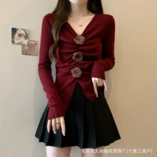 立体玫瑰花针织衫女早秋新款上衣高级感套头设计感小众毛衣长袖