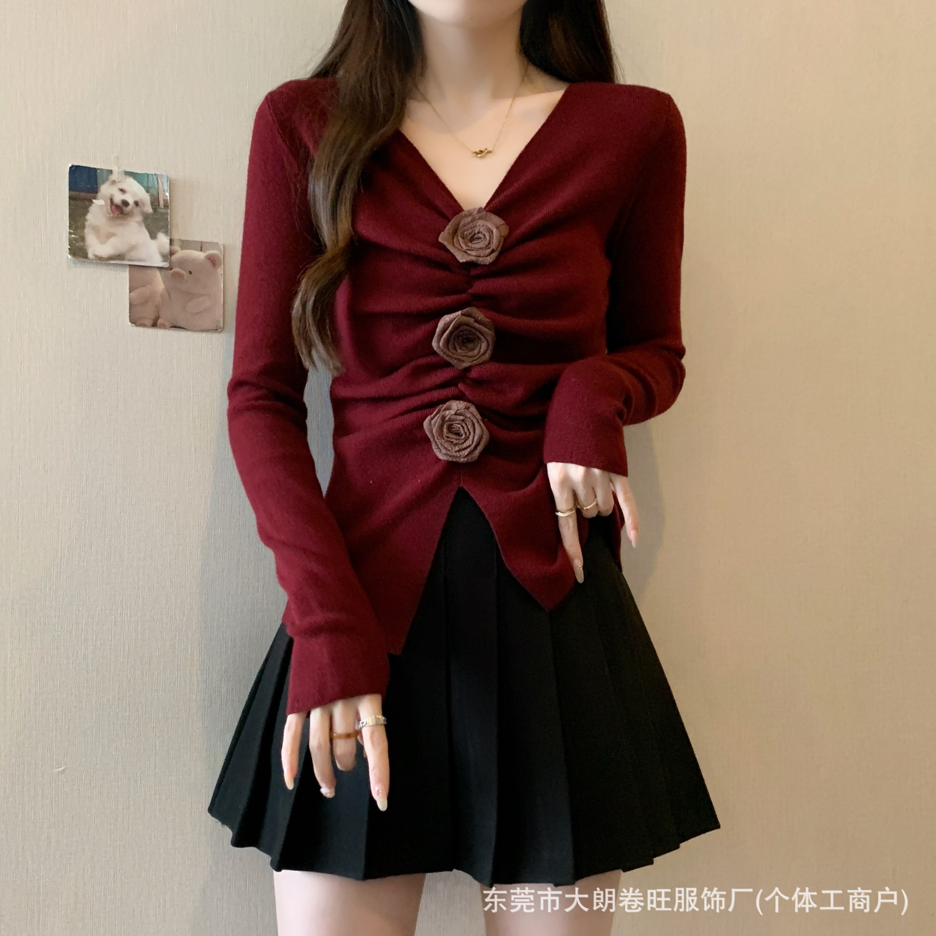 立体玫瑰花针织衫女早秋新款上衣高级感套头设计感小众毛衣长袖