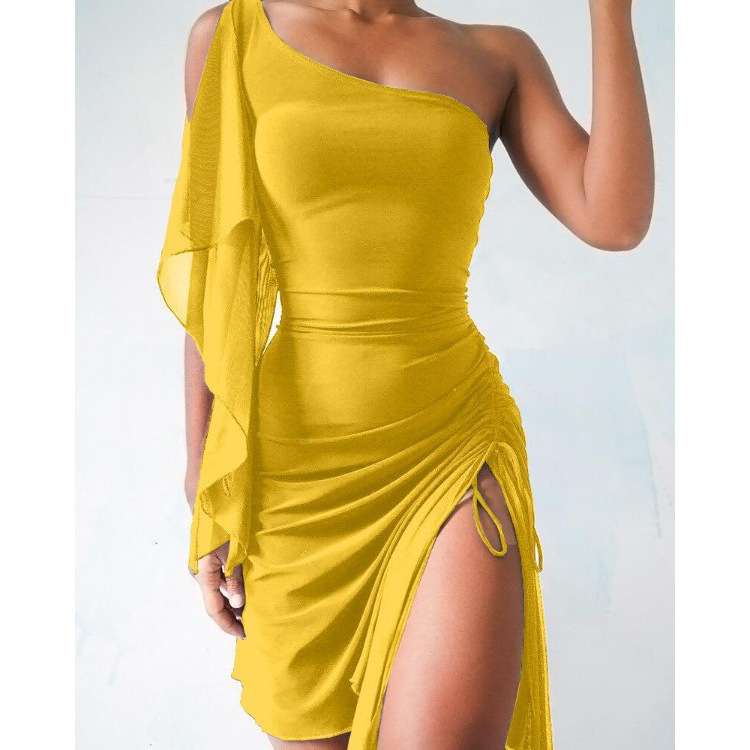 Amazon Foreign Trade 2024 New Off-the-Shoulder Mesh Sleeves Slit Skirt Irregular Drawstring At Hem Mid-Length Dress Women display picture 3