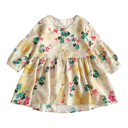 Baby dress top Korean style loose commuting sweet stylish floral high-end ramie fluffy small shirt short sleeve collarless top
