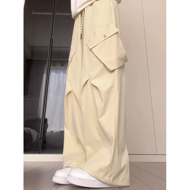 Винтажные широкие брюки-карго для женщин, лето 2025, новые свободные брюки с высокой талией, закрывающие бедра, утягивающие брюки с большими карманами в американском стиле, длиной до пола