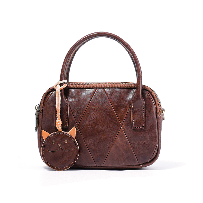 Genuine Leather Handmade Bowling Bag For Women New Retro Style Crossbody Vegetable Tanned Cowhide Versatile Handheld Pillow Bag - Thumbnail 5