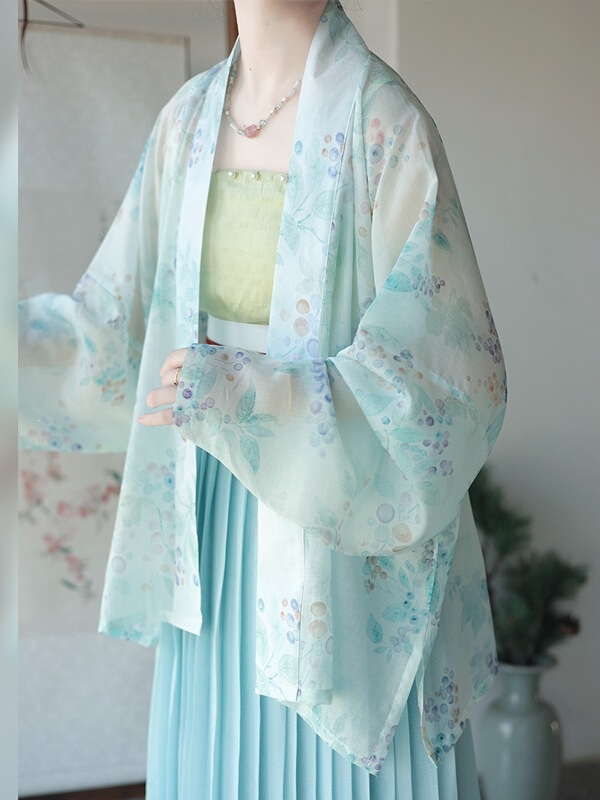 Chiqiuji Song-Style Tencel Printed Cardigan with Airplane Sleeves, Daily Commute Sun Protection Thin Original Hanfu for Women, Spring, Summer, Autumn