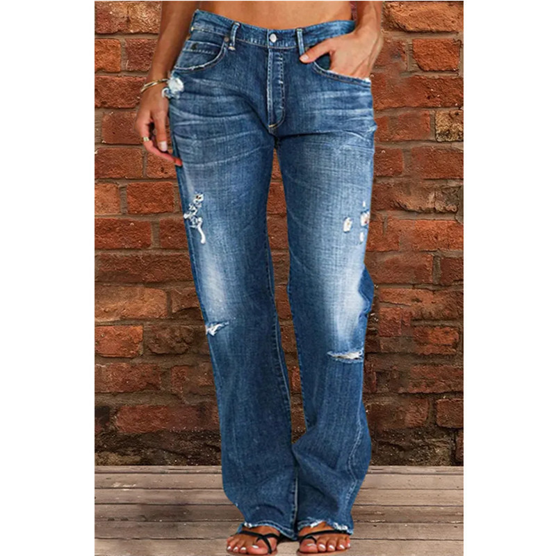 Cross-border foreign trade Ladies Denim pants European and American trend elastic hole washing casual straight pants factory outlet